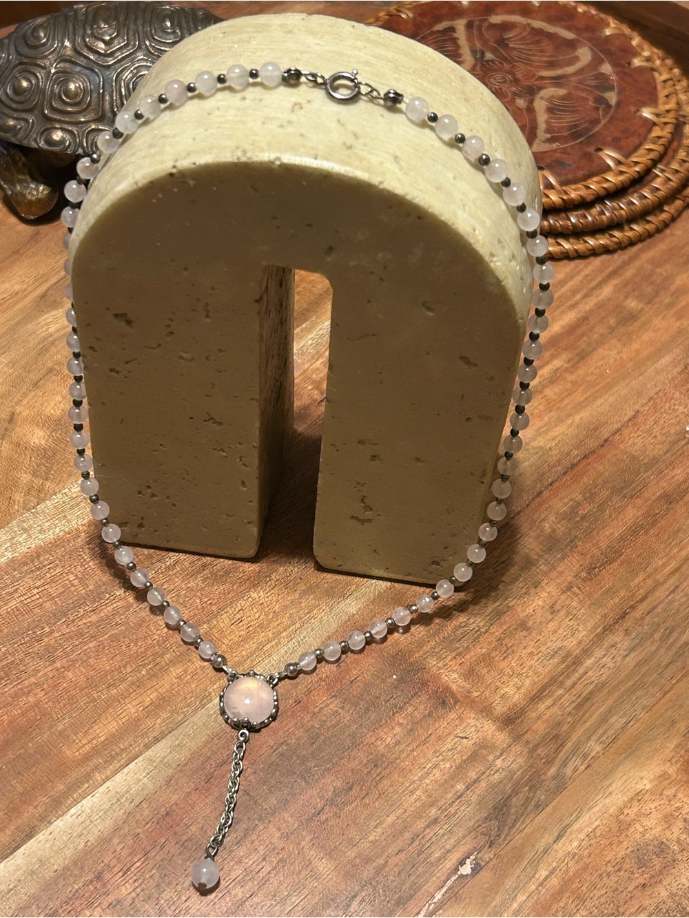 Vintage Sterling Silver Delicate Rose Quartz Beaded Y Lariat Necklace